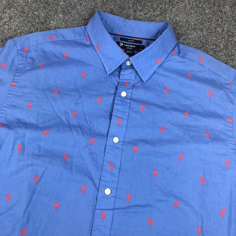 Cremieux Classics Mens XL Slim Fit Blue Flamingo Print Short Sleeve Button Down